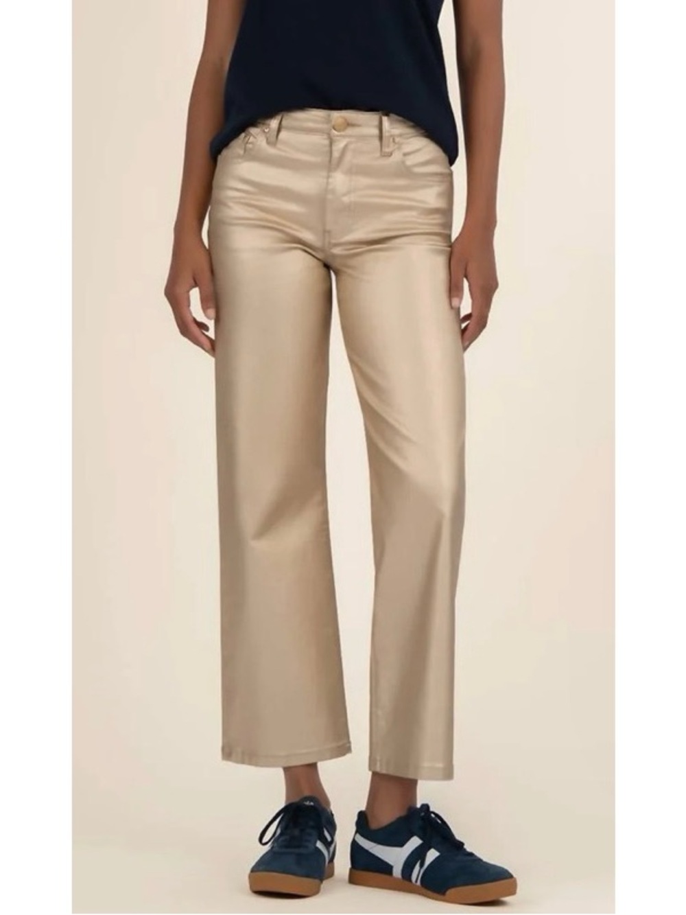 Kut from the Kloth Charlotte Metallic Coated High Rise Wide Leg Size 14W Gold